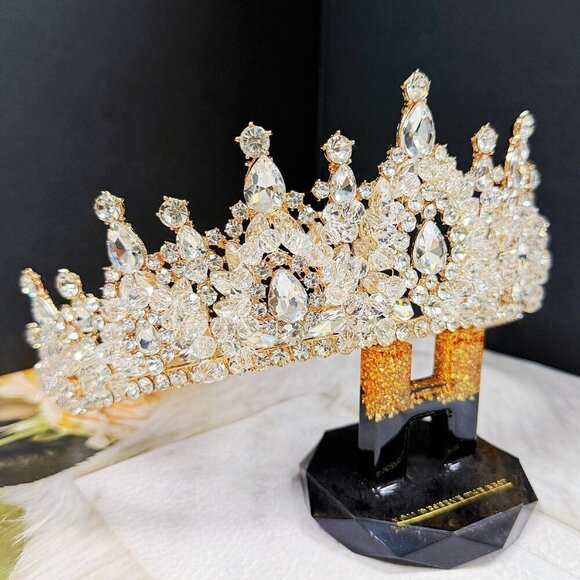Crystal Beaded Tiara, Gold Wedding Tiara, Handmade Jewelry, Vintage Gold Crown